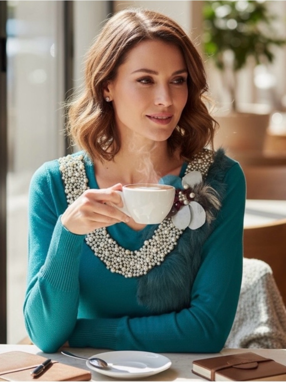 Miu Miu Teal V-Neck Sweater with Pearl Embellishment and Feather Brooch